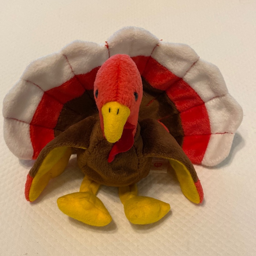 Thanksgiving Turkey Ty Beanie Baby Brown Gobbles Red White Feathers Yellow Beak